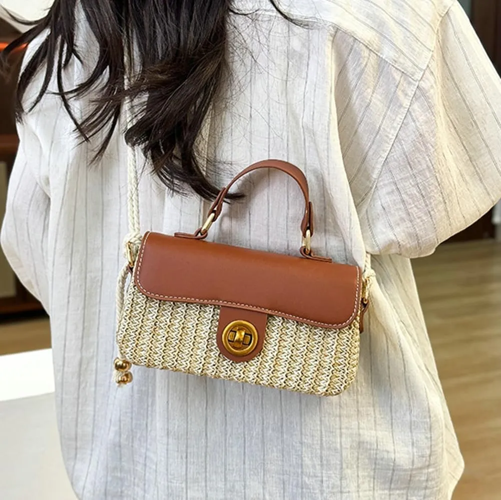 Summer Straw Beach Bag Chic Straw Crossbody Bags Top Handle Satchel with Lock Closure Small Square Bag Versatile Box Purse