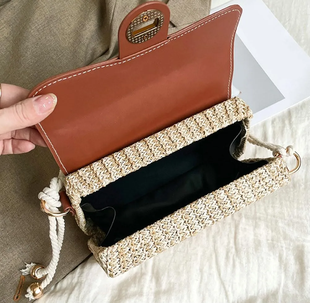 Summer Straw Beach Bag Chic Straw Crossbody Bags Top Handle Satchel with Lock Closure Small Square Bag Versatile Box Purse