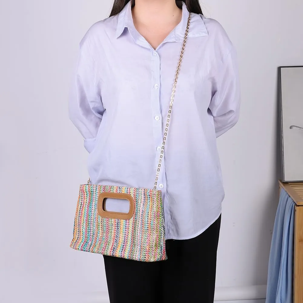 Summer Straw Clutch Purse with Top Handle Shoulder Bag with Removable Chain Evening Handbag for Women Wedding Party