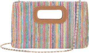 Summer Straw Clutch Purse with Top Handle Shoulder Bag with Removable Chain Evening Handbag for Women Wedding Party