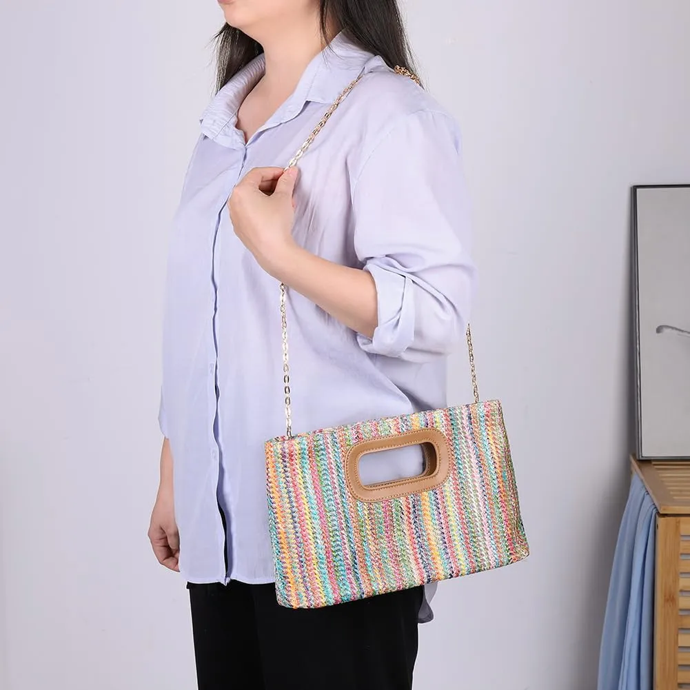 Summer Straw Clutch Purse with Top Handle Shoulder Bag with Removable Chain Evening Handbag for Women Wedding Party