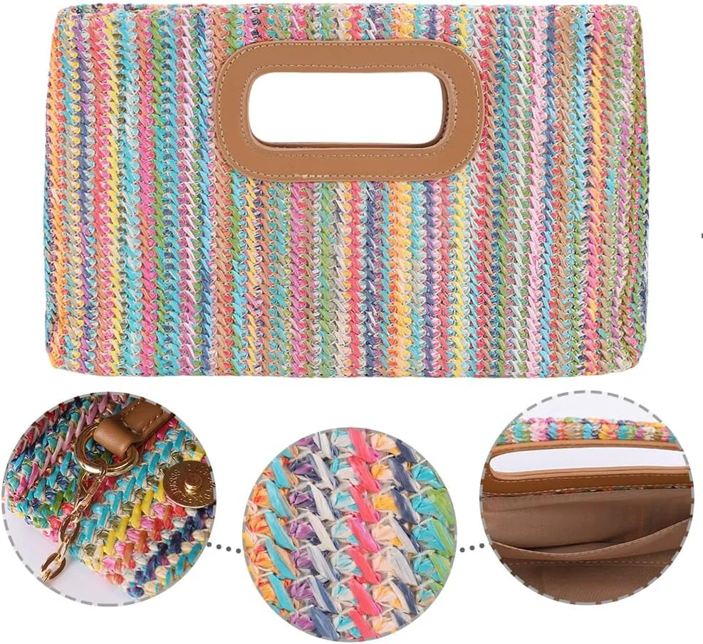 Summer Straw Clutch Purse with Top Handle Shoulder Bag with Removable Chain Evening Handbag for Women Wedding Party