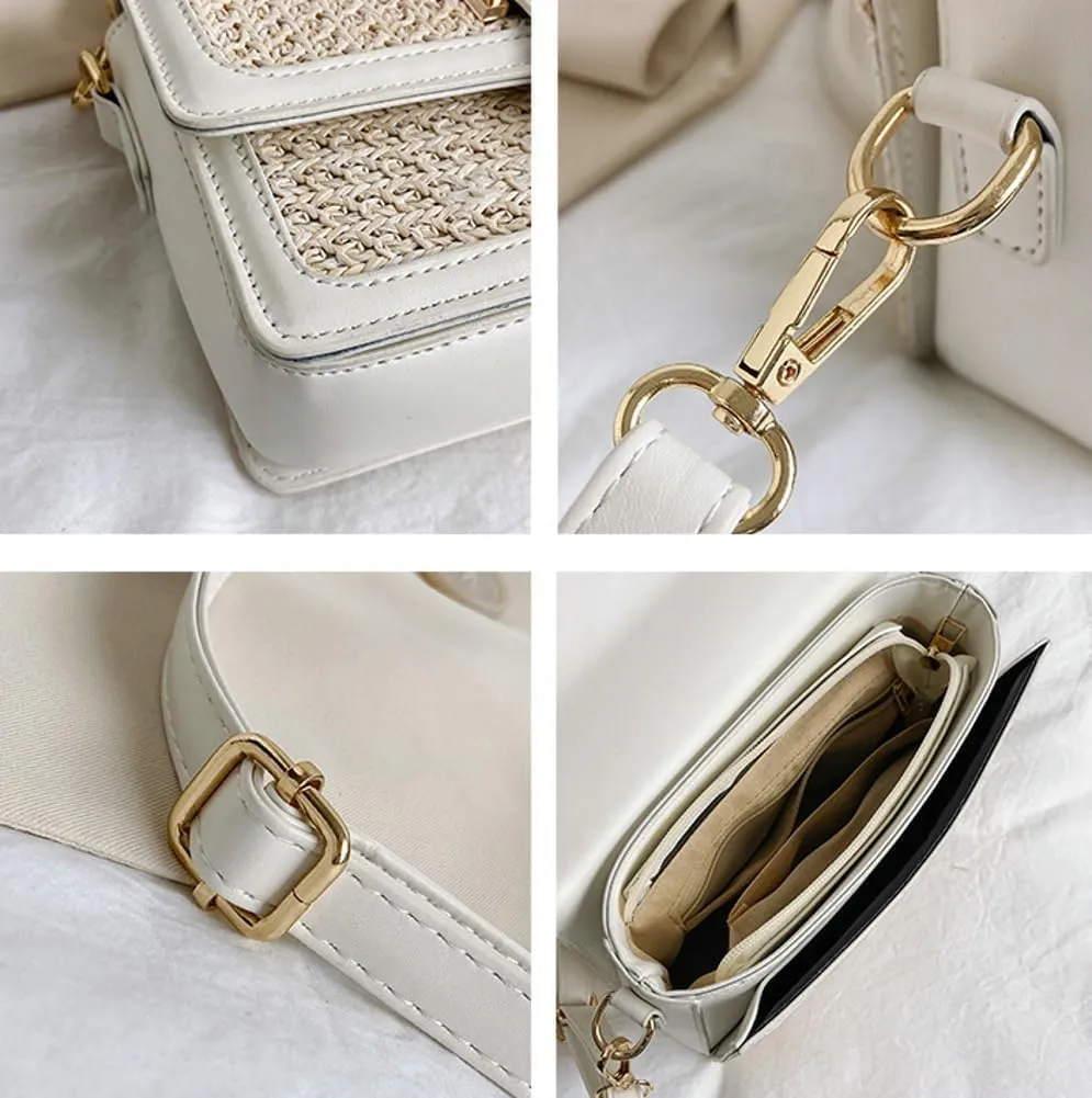 Summer Straw Handbags for Women Straw Crossbody Bag PU Leather Tote Bag Summer Straw Hobo Bag Shoulder Clutch Bag