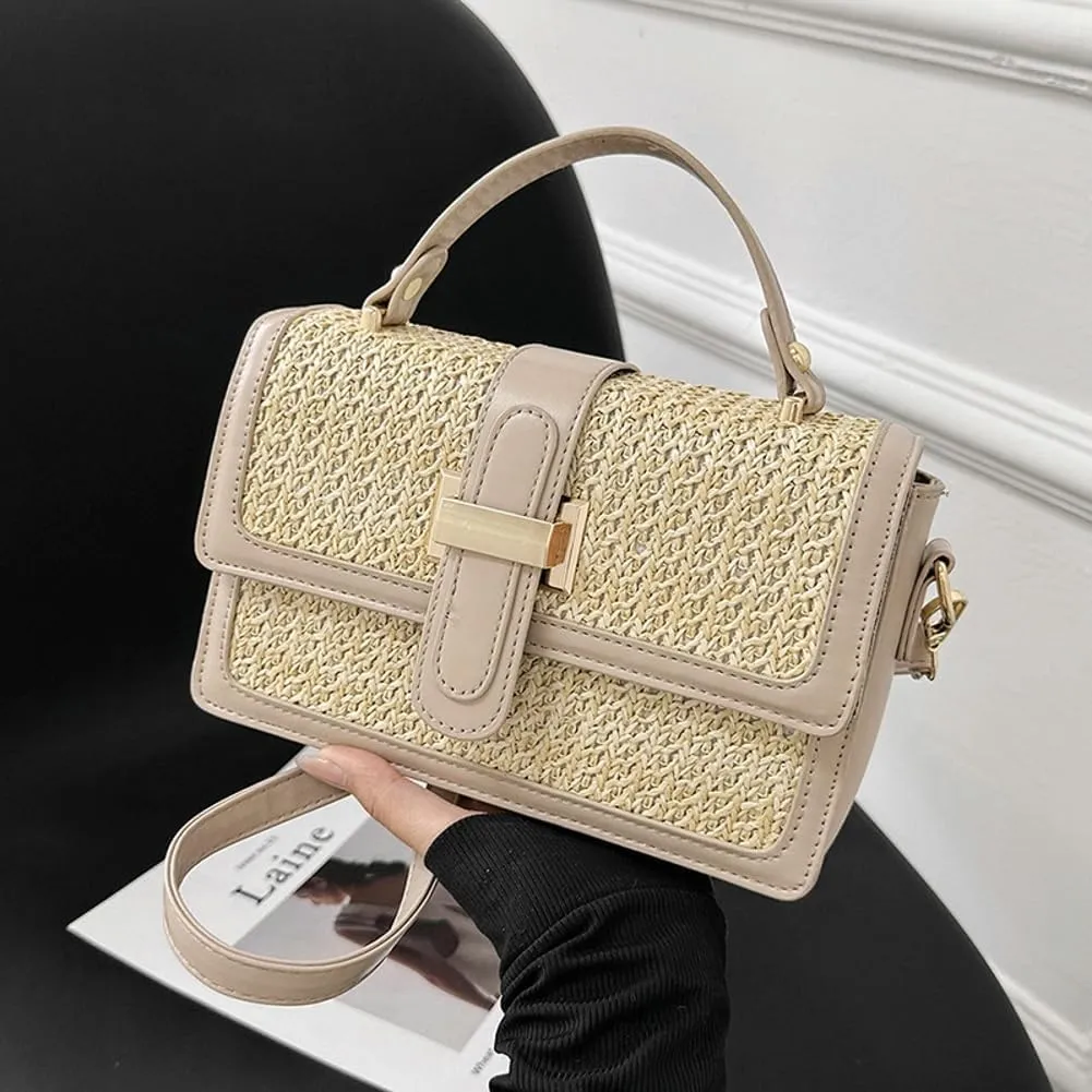 Summer Straw Handbags for Women Straw Crossbody Bag PU Leather Tote Bag Summer Straw Hobo Bag Shoulder Clutch Bag