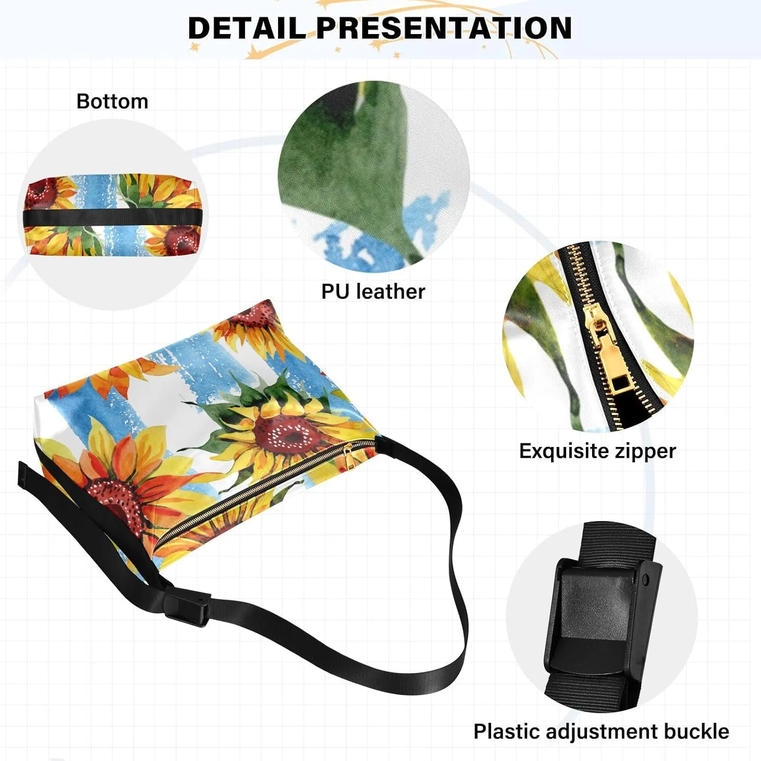 Sunflower Print Sling Bag for Women Crossbody Purse Leather Shoulder Handbag Purses for Women with Adjustable