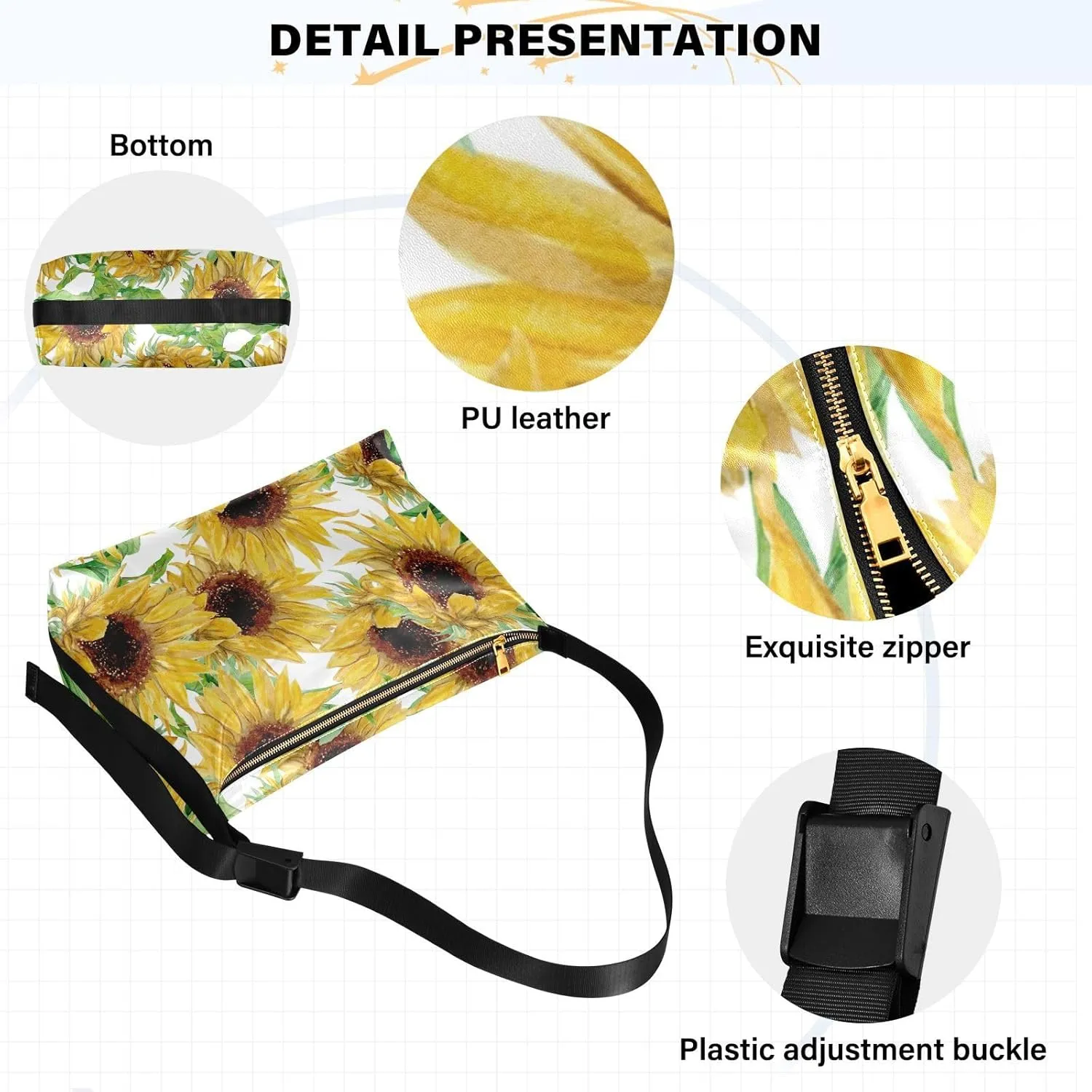 Sunflower Print Sling Bag for Women Crossbody Purse Leather Shoulder Handbag Purses for Women with Adjustable