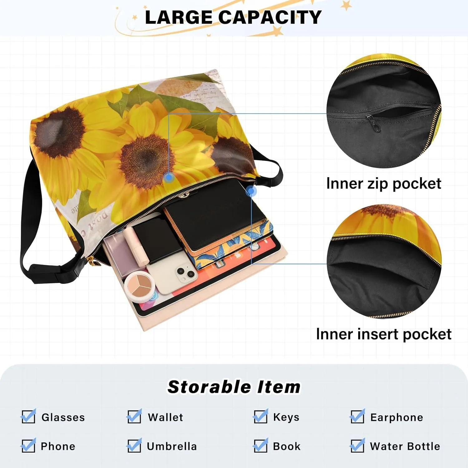 Sunflower Print Sling Bag for Women Crossbody Purse Leather Shoulder Handbag Purses for Women with Adjustable