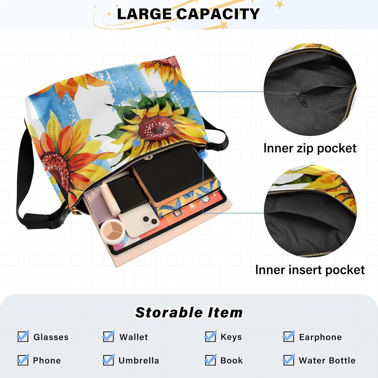 Sunflower Print Sling Bag for Women Crossbody Purse Leather Shoulder Handbag Purses for Women with Adjustable