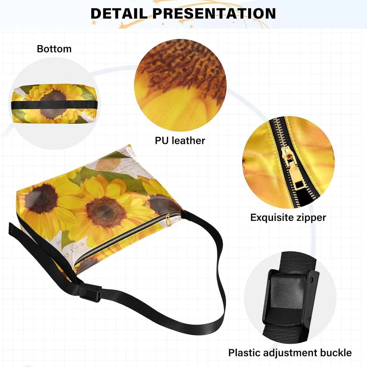 Sunflower Print Sling Bag for Women Crossbody Purse Leather Shoulder Handbag Purses for Women with Adjustable