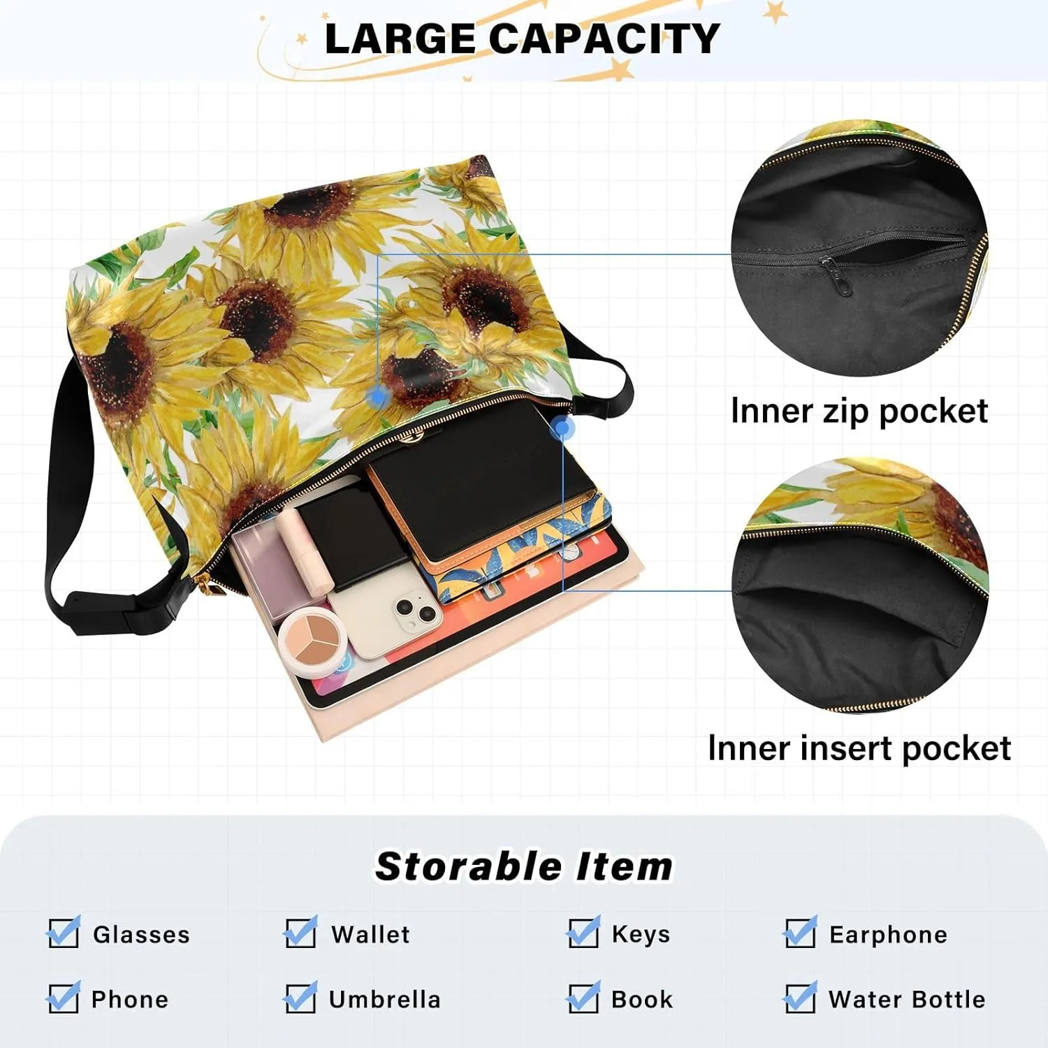 Sunflower Print Sling Bag for Women Crossbody Purse Leather Shoulder Handbag Purses for Women with Adjustable