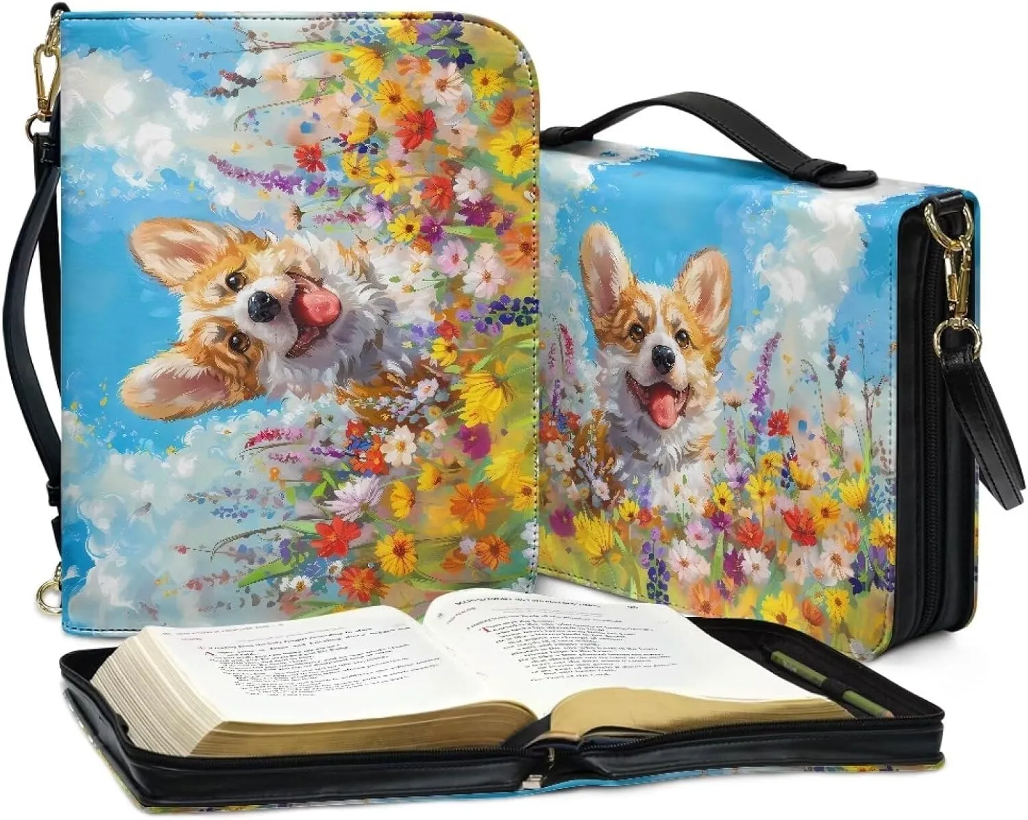 Suobstales Corgi Dog Daisy Print Bible Cover with Handle and Shoulder Strap, PU Leather Carrying Case Tote Bag Waterproof Church Bag Book Accessories Christian Gift for Women Men, 2XL