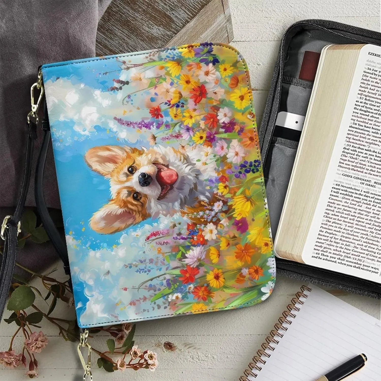 Suobstales Corgi Dog Daisy Print Bible Cover with Handle and Shoulder Strap, PU Leather Carrying Case Tote Bag Waterproof Church Bag Book Accessories Christian Gift for Women Men, 2XL