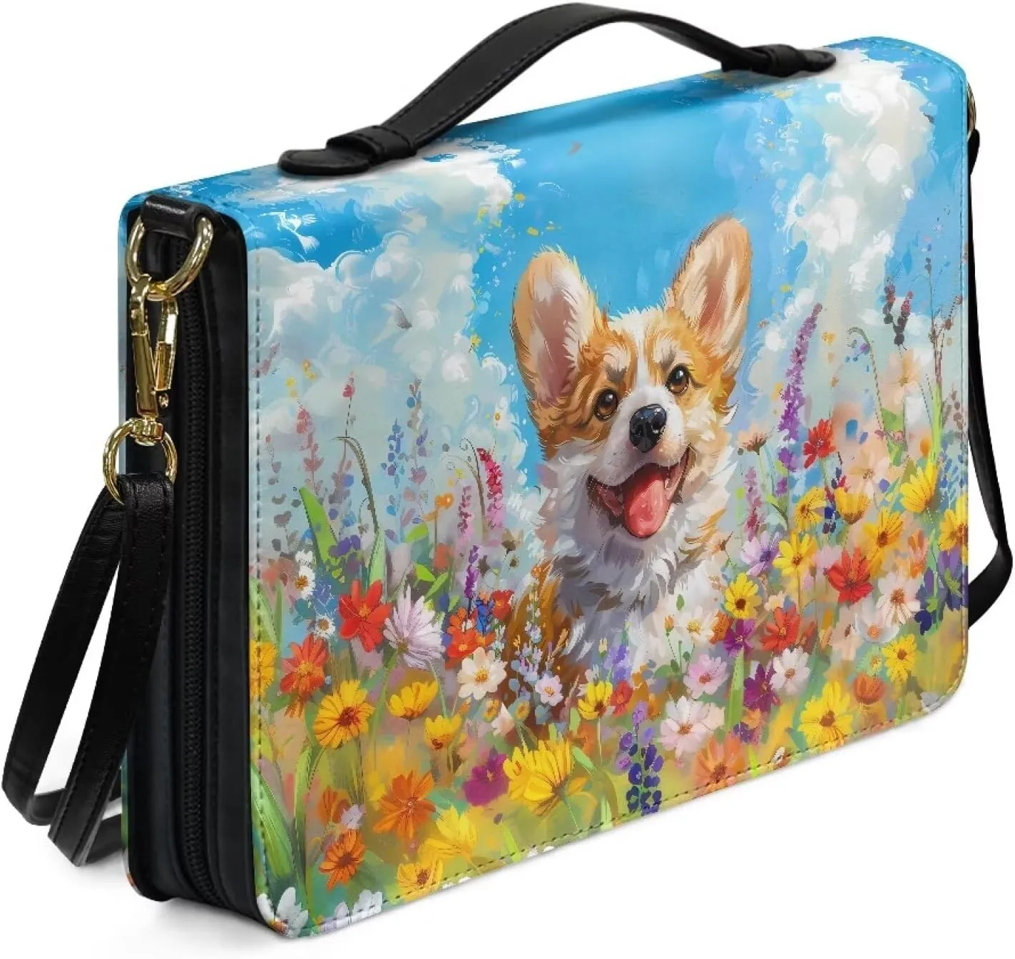 Suobstales Corgi Dog Daisy Print Bible Cover with Handle and Shoulder Strap, PU Leather Carrying Case Tote Bag Waterproof Church Bag Book Accessories Christian Gift for Women Men, 2XL