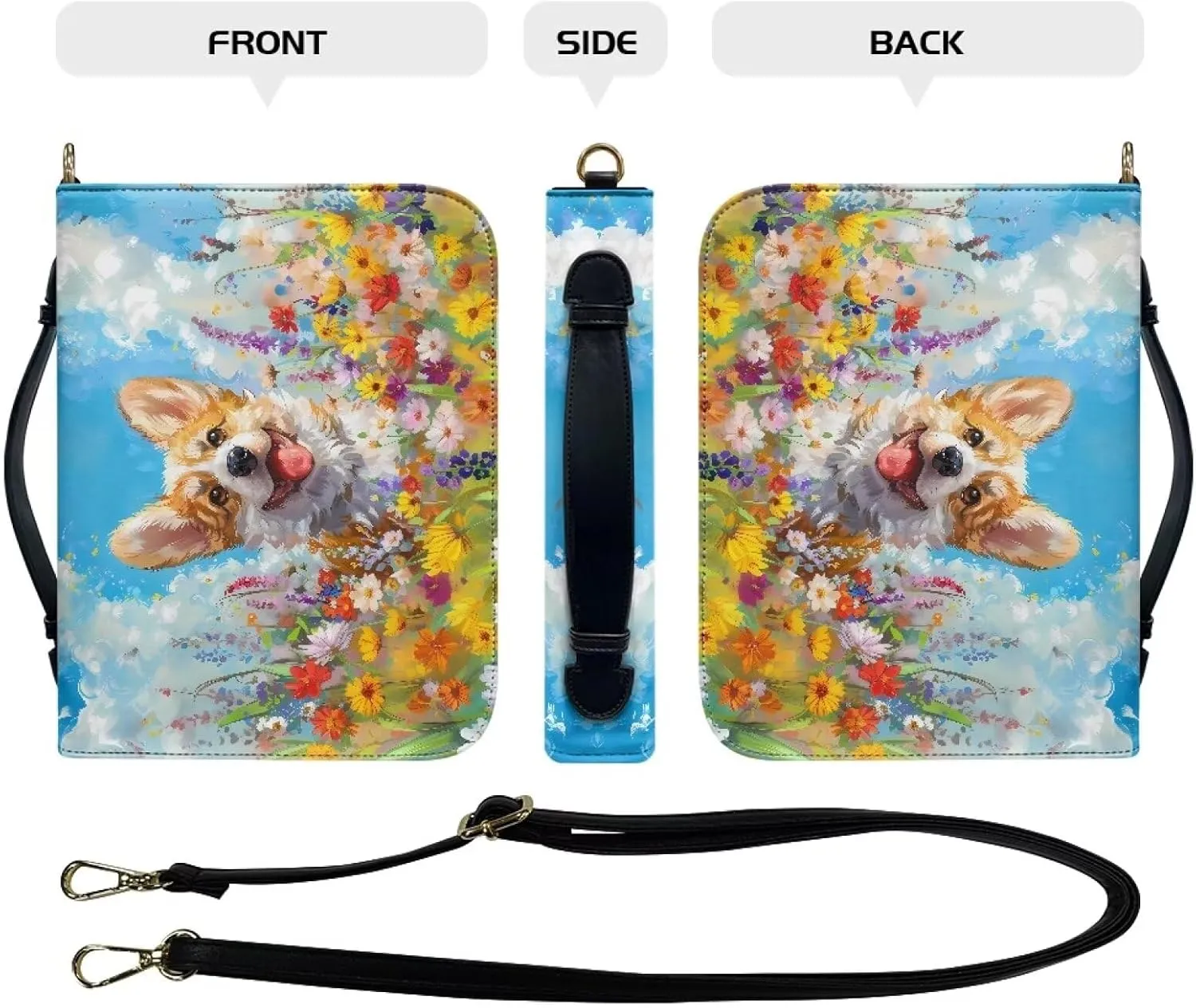 Suobstales Corgi Dog Daisy Print Bible Cover with Handle and Shoulder Strap, PU Leather Carrying Case Tote Bag Waterproof Church Bag Book Accessories Christian Gift for Women Men, 2XL