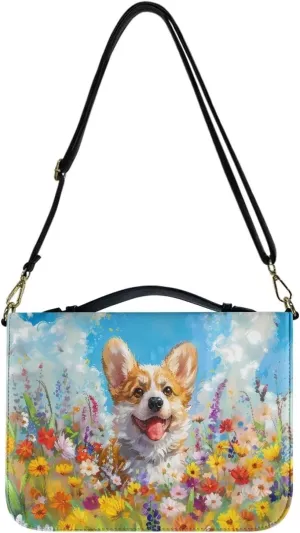Suobstales Corgi Dog Daisy Print Bible Cover with Handle and Shoulder Strap, PU Leather Carrying Case Tote Bag Waterproof Church Bag Book Accessories Christian Gift for Women Men, 2XL
