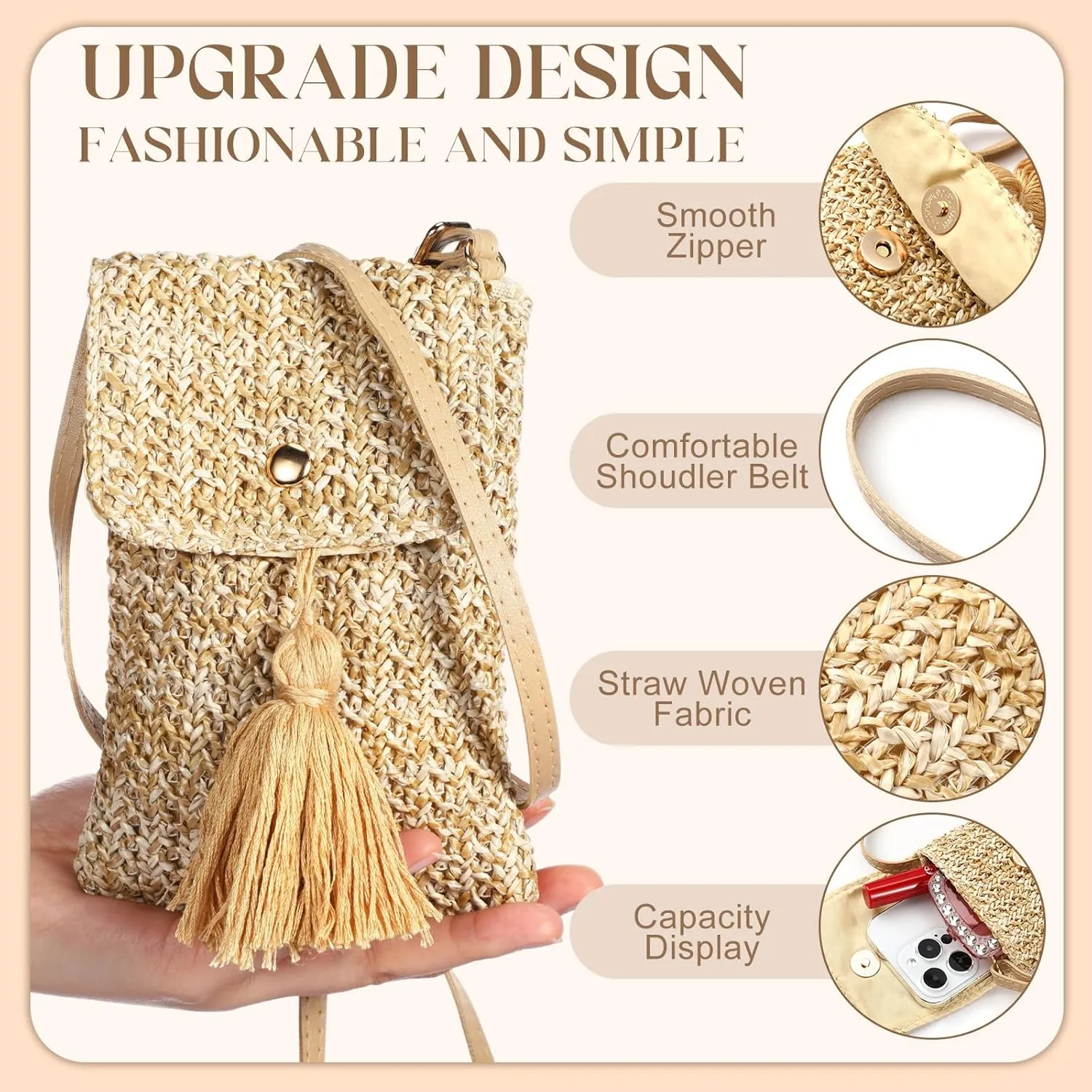 Sweetude 2 Pcs Straw Beach Bag for Women Summer Woven Straw Purse Cute Shoulder Crossbody Handbags for Women