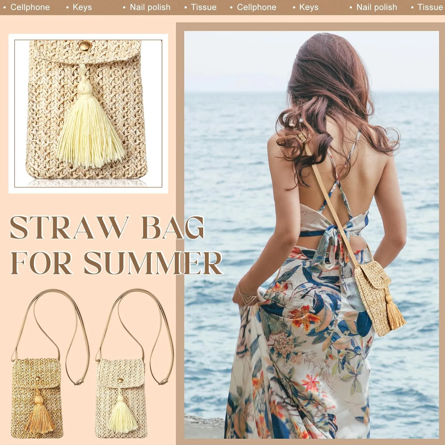 Sweetude 2 Pcs Straw Beach Bag for Women Summer Woven Straw Purse Cute Shoulder Crossbody Handbags for Women