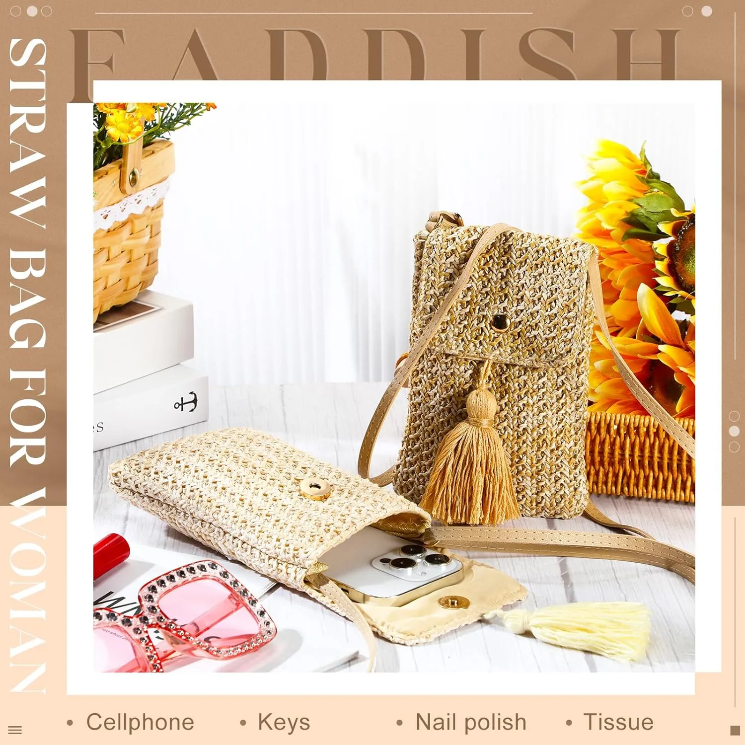 Sweetude 2 Pcs Straw Beach Bag for Women Summer Woven Straw Purse Cute Shoulder Crossbody Handbags for Women