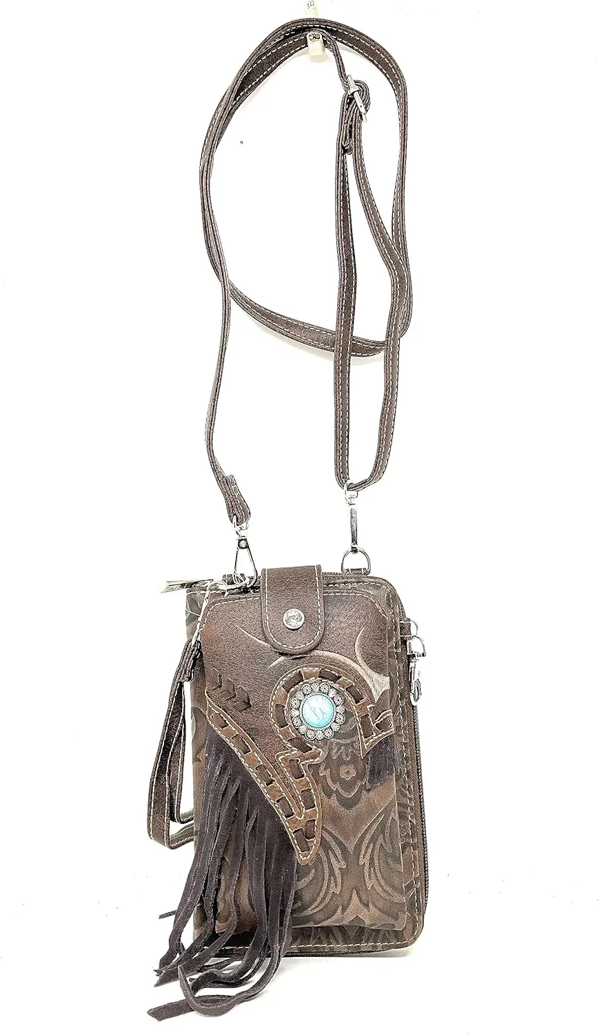Texas West Western Style Small Print Flower Agate Tassel Crossbody Cell Phone Purses Handbags with Coin Pocket in 2 colors