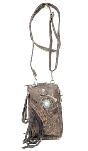 Texas West Western Style Small Print Flower Agate Tassel Crossbody Cell Phone Purses Handbags with Coin Pocket in 2 colors