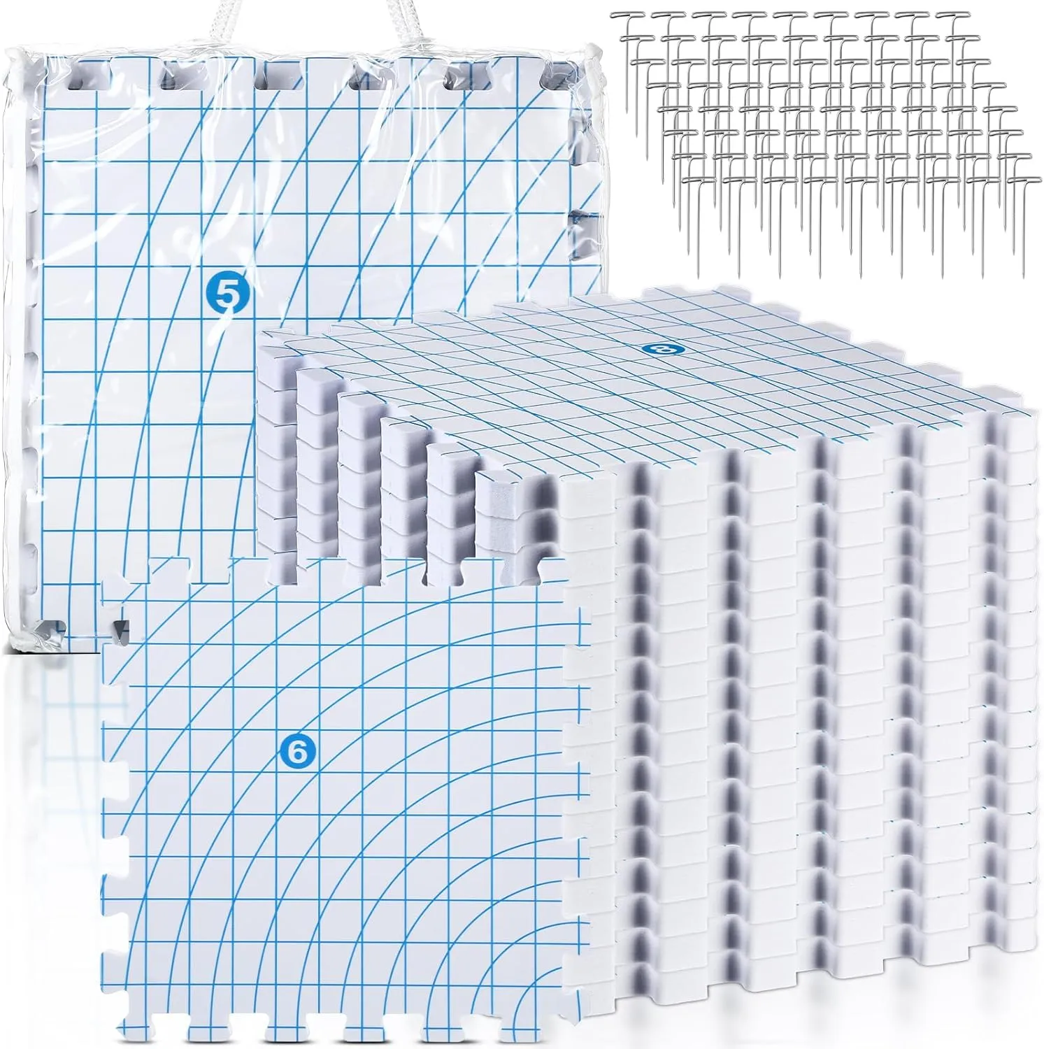Threehoney 16 Pcs Thick Blocking Mats for Knitting Interlocking Blocking Boards with Grids, 250 T Pins and Storage Bag for Needlework Needlepoint Crocheting Supplies