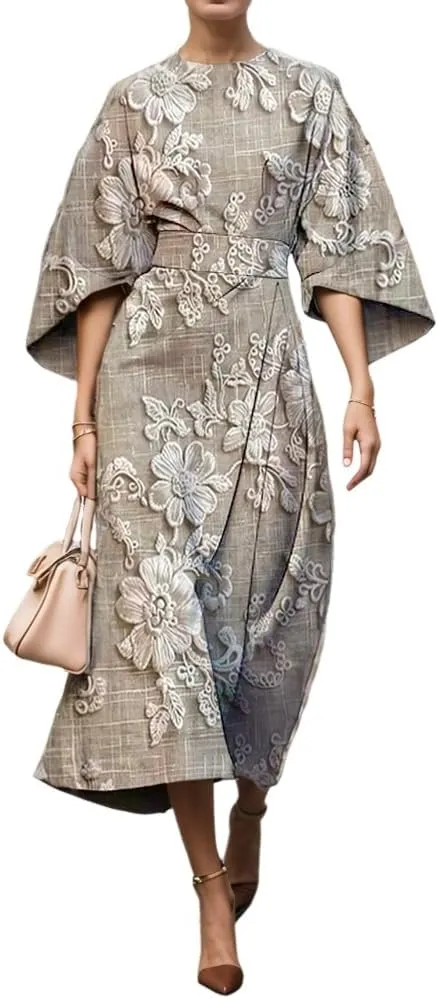 TIAFORD Women's Spring Summer Elegant Floral Print Empire Waist Dress Casual Cute Crew Neck Loose Half Sleeve Maxi Dresses