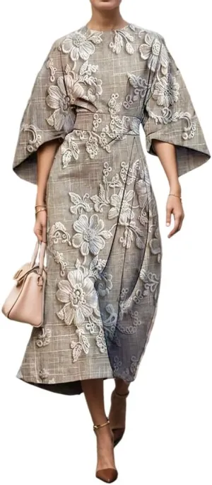 TIAFORD Women's Spring Summer Elegant Floral Print Empire Waist Dress Casual Cute Crew Neck Loose Half Sleeve Maxi Dresses