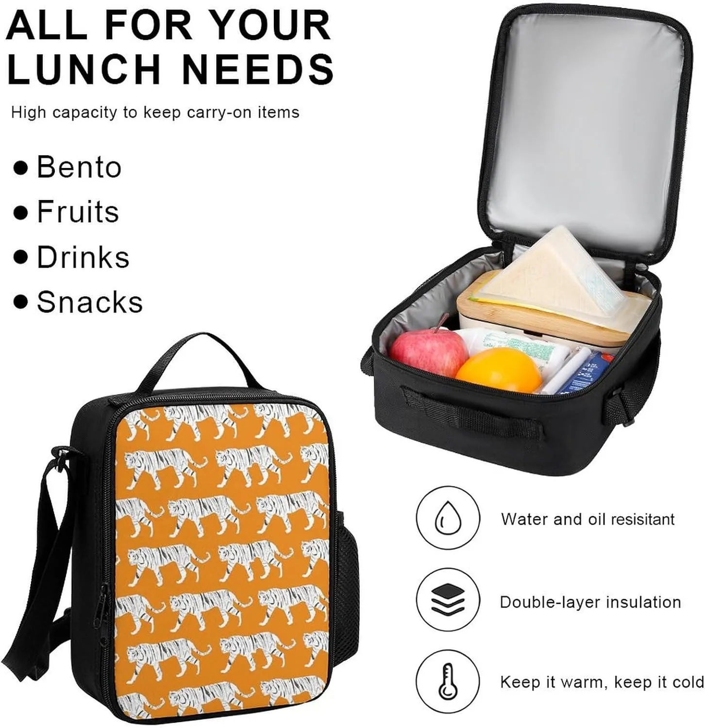 Tiger Print Lightweight Pocket Backpack Crossbody Lunch Bag Set Unisex