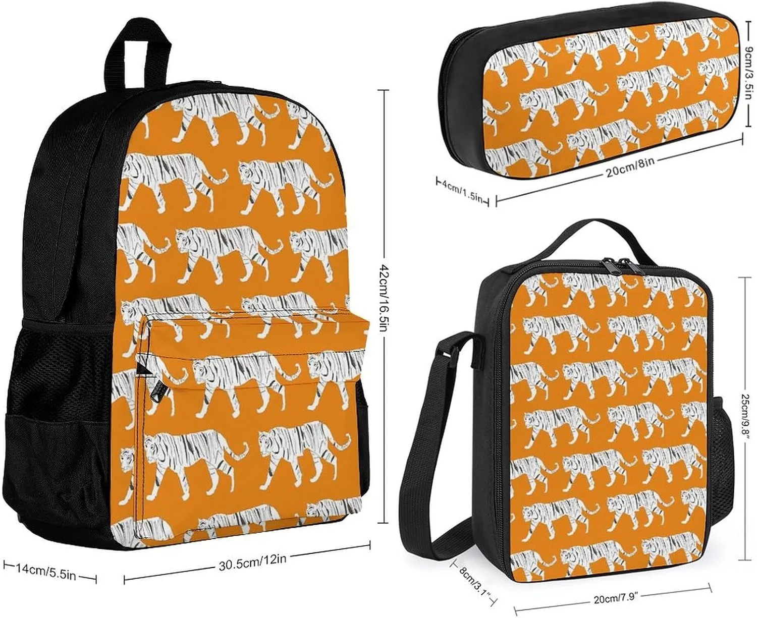 Tiger Print Lightweight Pocket Backpack Crossbody Lunch Bag Set Unisex