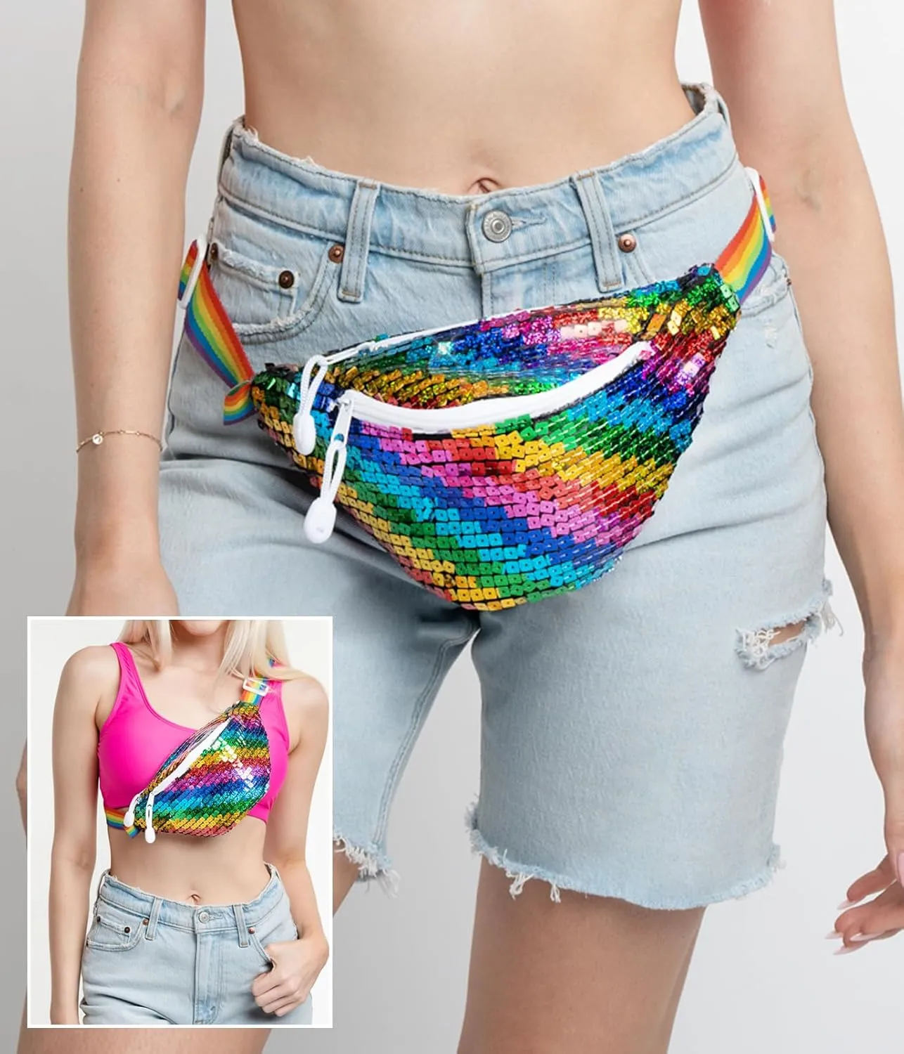 Tipsy Elves Rainbow Sequined PRIDE Fanny Pack - Secure Adjustable Strap Waist Hands Free Waist Bag for PRIDE Parades, Festivals, and Celebrations