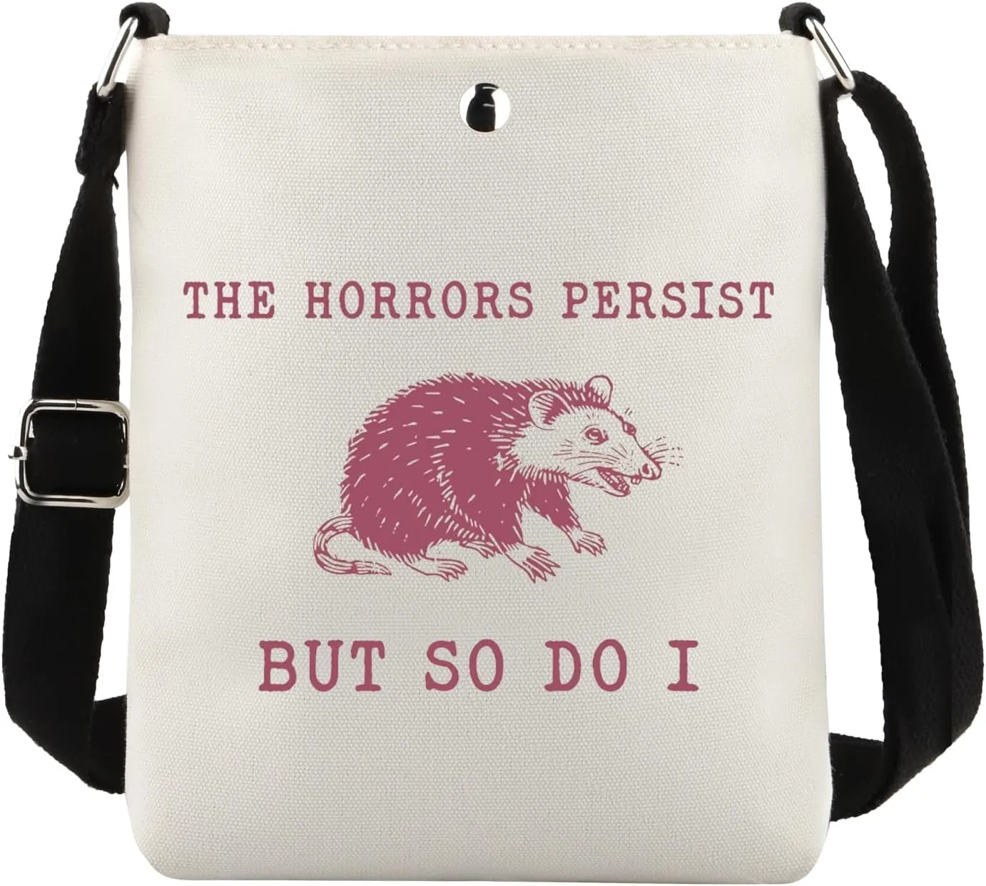 TOBGBE Funny Raccoon Meme Gifts The Horrors Persist But So Do I Crossbody Bag Raccoon Lover Gifts Adult Humor Meme