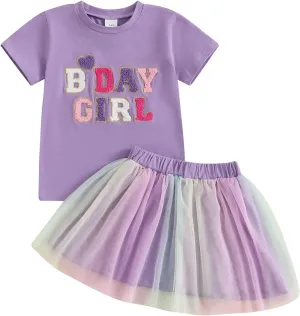 Toddler Girl Birthday Outfit Birthday Girl Embroidery Short Sleeve T-Shirt Tutu Skirt Set Party Clothes for Girls