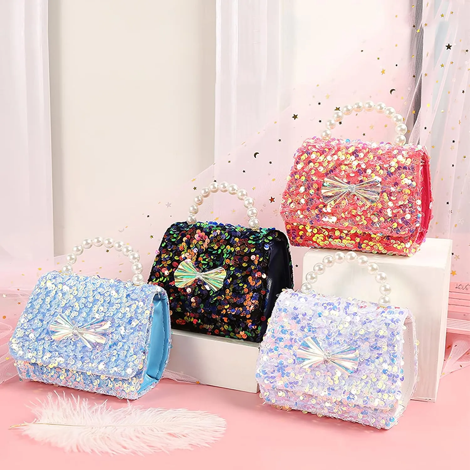 Toddler Purse Sequins Crossbody Bag Pearl Top Handle Glitter Bow Little Girls Wallet Handbag Kids Accessories Gifts