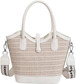 Top Handle Bag Straw Crossbody Bags for Women Trendy Straw Tote Bucket Purse with Wide Strap Summer Purse for Beach Vacation