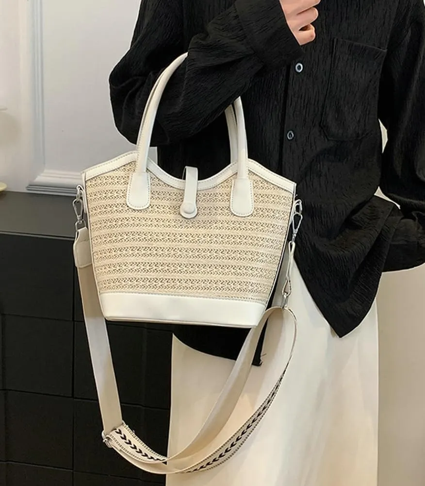 Top Handle Bag Straw Crossbody Bags for Women Trendy Straw Tote Bucket Purse with Wide Strap Summer Purse for Beach Vacation