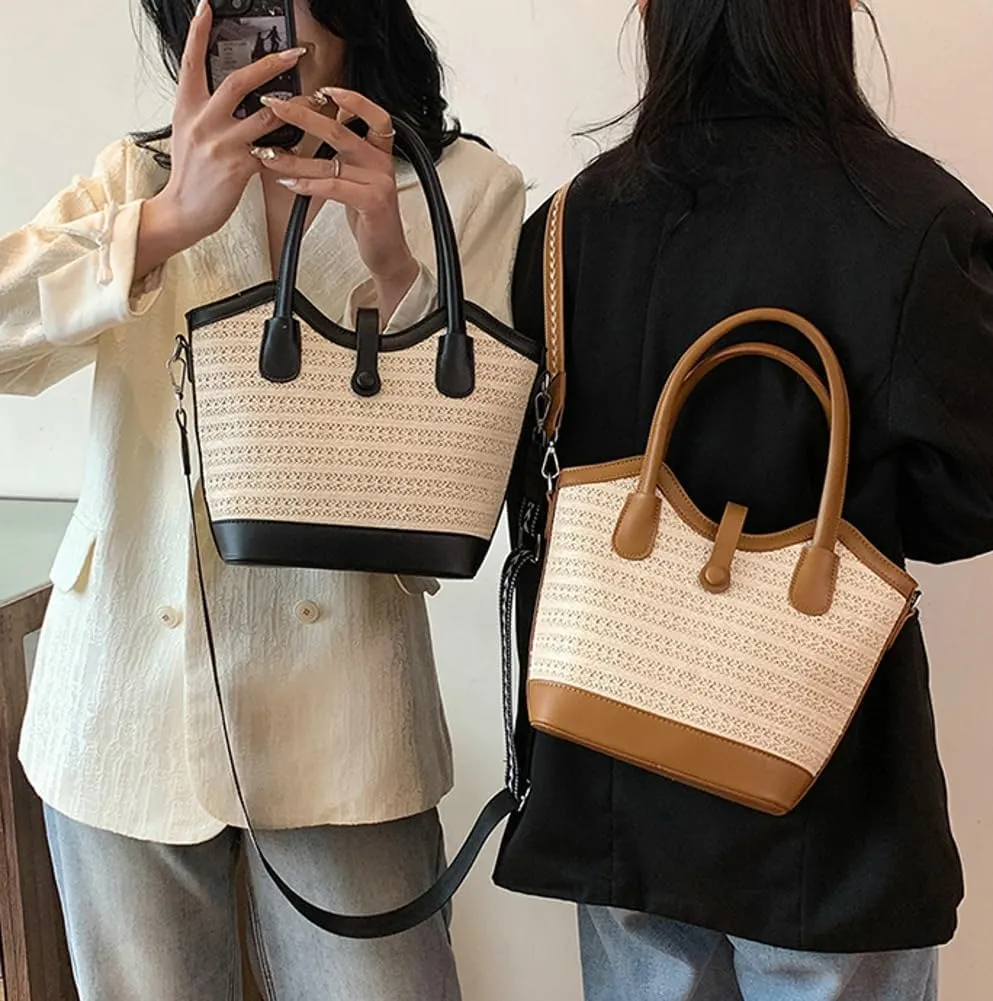 Top Handle Bag Straw Crossbody Bags for Women Trendy Straw Tote Bucket Purse with Wide Strap Summer Purse for Beach Vacation
