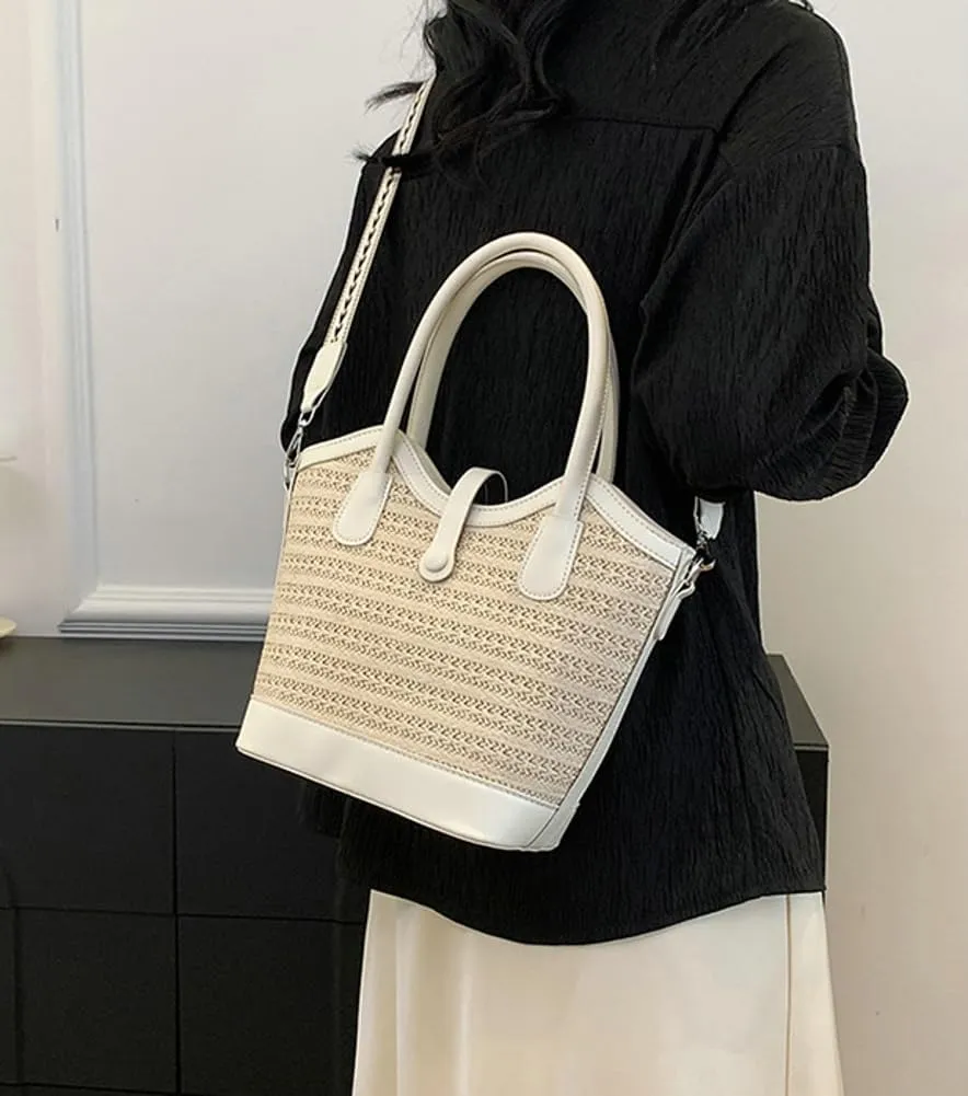 Top Handle Bag Straw Crossbody Bags for Women Trendy Straw Tote Bucket Purse with Wide Strap Summer Purse for Beach Vacation