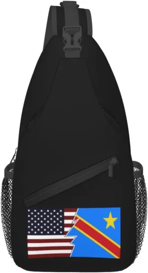Torn Style American And The Democratic Republic Of The Congo Flags Crossbody Bags For Women Men Chest Backpack Gym Shoulder Bag Travel Outdoor Sports Casual Crossbody Bags