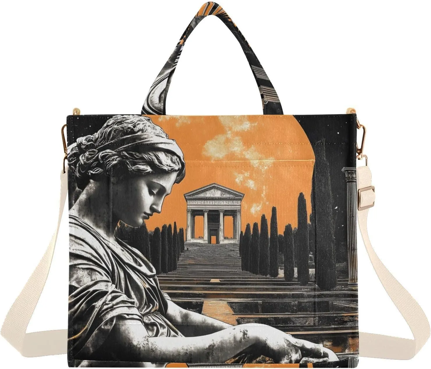 Tote Bag for Women Angel Statue Print, Corduroy Handbags Purses with Detachable Strap Size Small