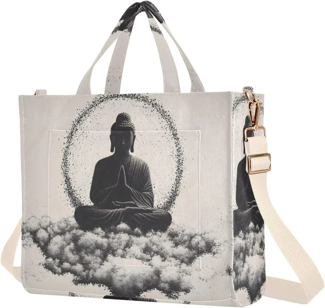 Tote Bag for Women Oriental Statue Print, Corduroy Handbags Purses with Detachable Strap S