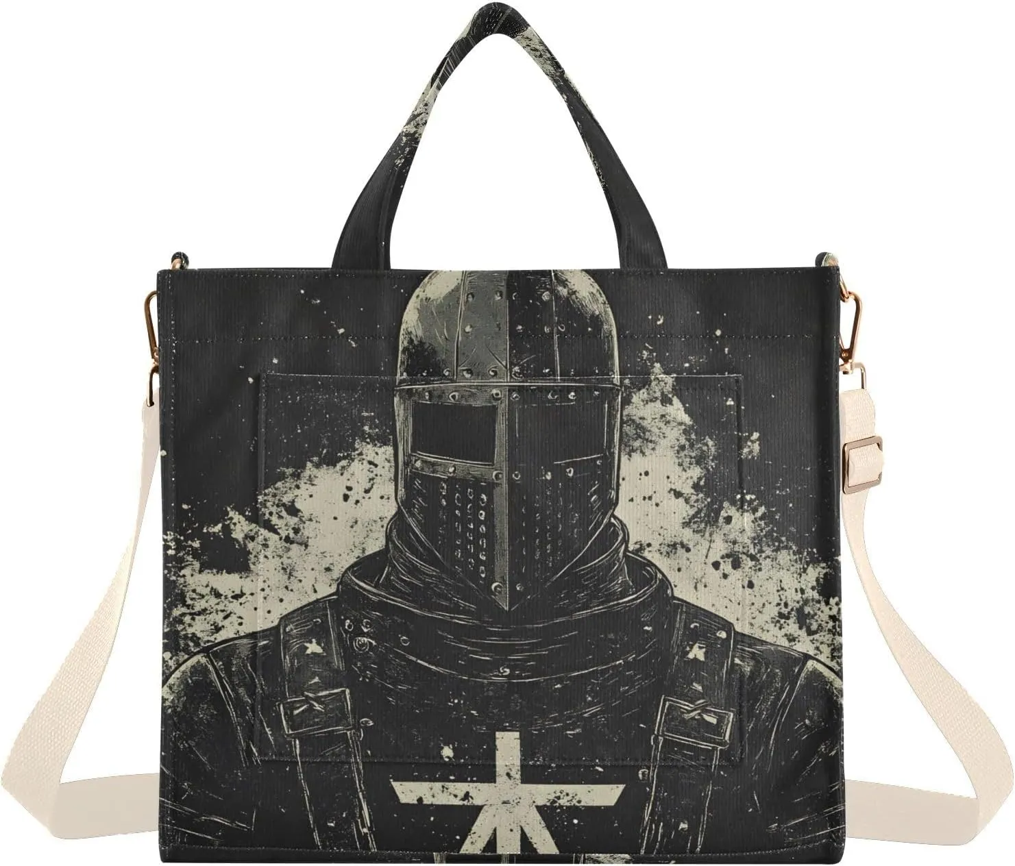 Tote Bag for Women Retro Knight Print, Corduroy Handbags Purses with Detachable Strap Size Small