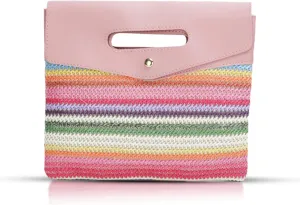 Tote Bag for Women, Straw Clutch Purses, Pink Purse, Leather Carry Handle Envelope Package, Bohemian Colorful Hand Knitting Handbags, Beach Bag Suitable for Beach, Travel, Daily Matching (Pink)