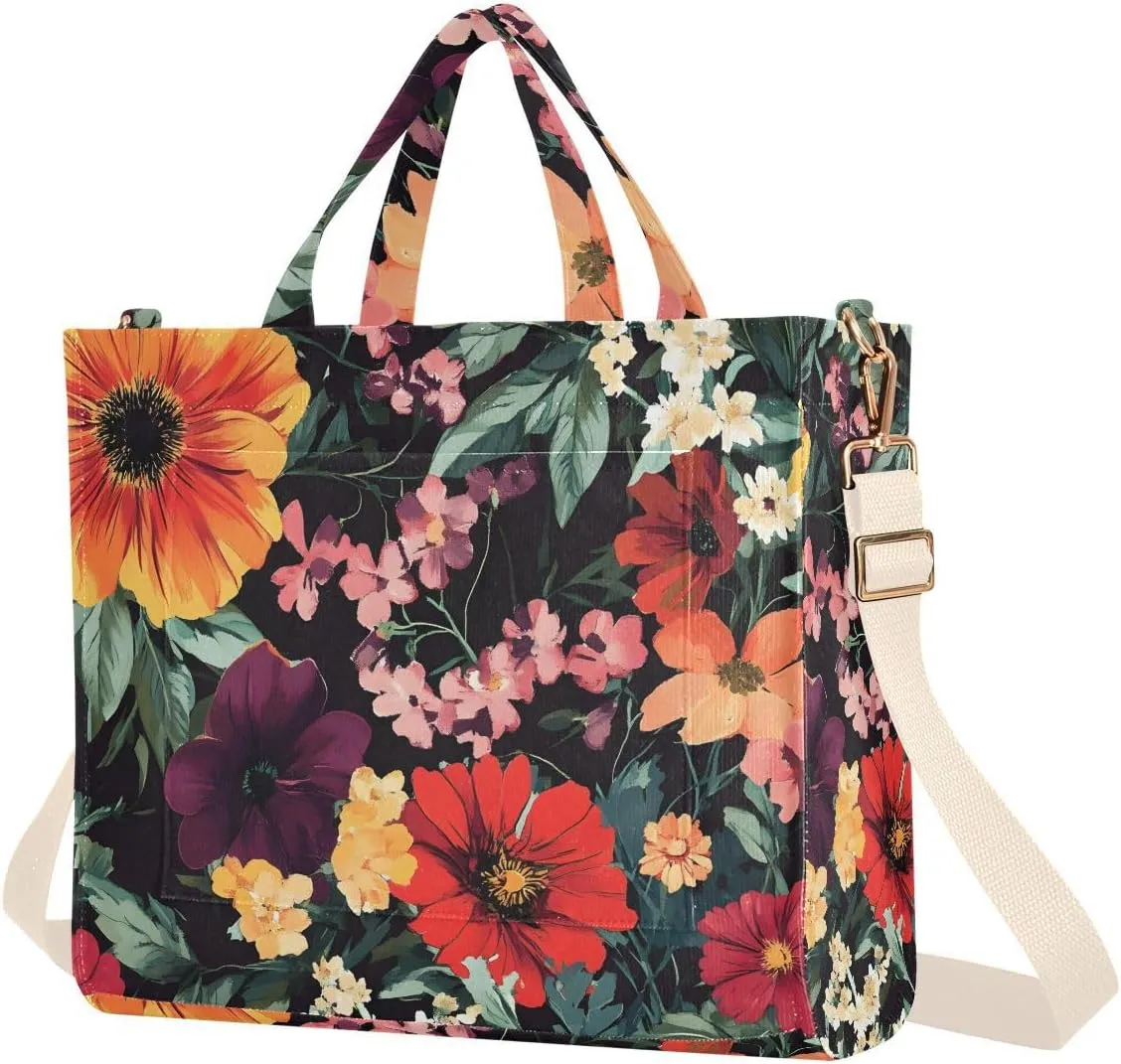 Tote Bag for Women Vivid Flowers Print, Corduroy Handbags Purses with Detachable Strap Size Small