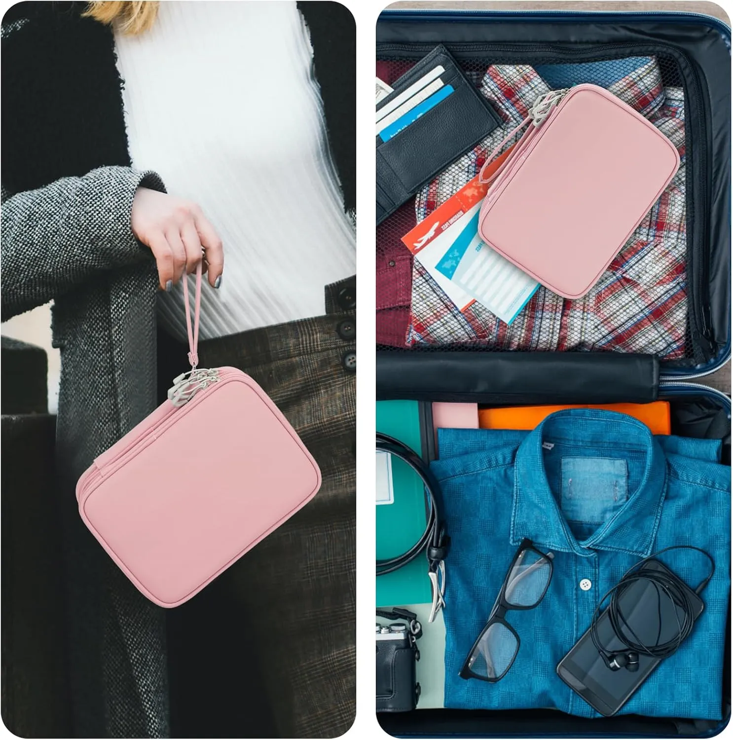 Travel Accessories Case for Women, Large Cord Organizer Bag for Airplane Essentials & Tech Electronics, 2 Layers (Pink)