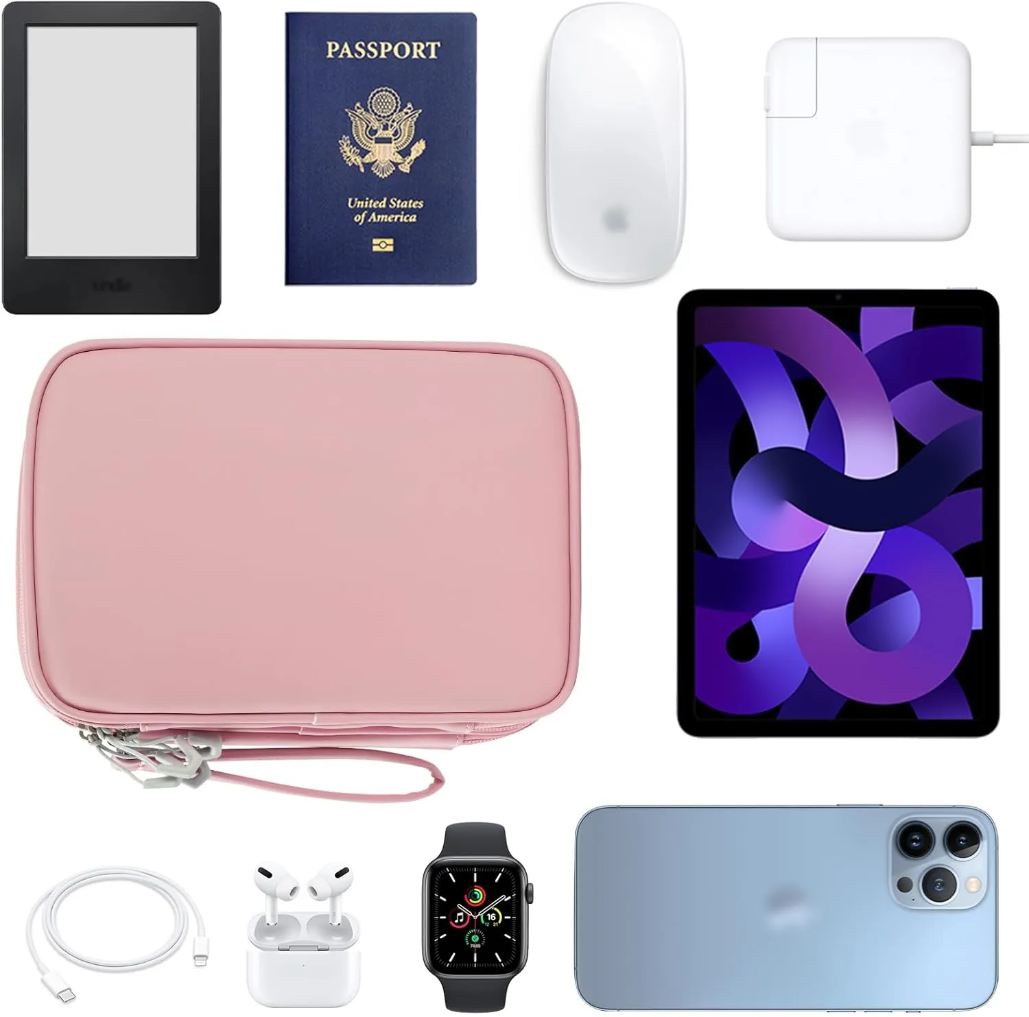 Travel Accessories Case for Women, Large Cord Organizer Bag for Airplane Essentials & Tech Electronics, 2 Layers (Pink)