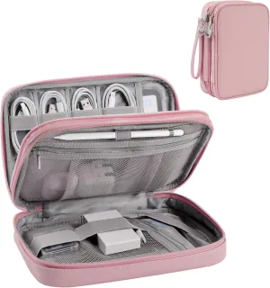 Travel Accessories Case for Women, Large Cord Organizer Bag for Airplane Essentials & Tech Electronics, 2 Layers (Pink)