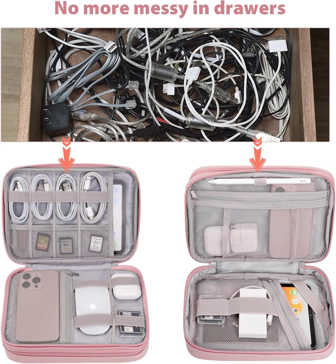 Travel Accessories Case for Women, Large Cord Organizer Bag for Airplane Essentials & Tech Electronics, 2 Layers (Pink)