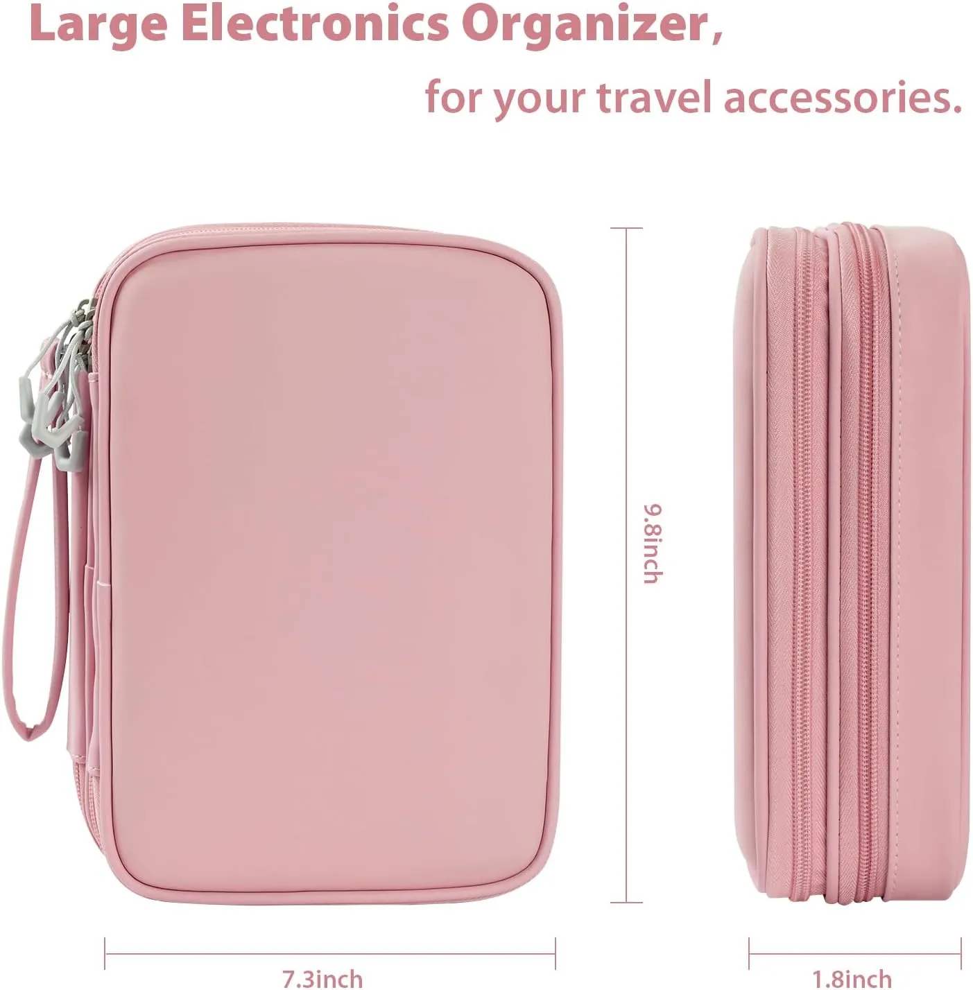 Travel Accessories Case for Women, Large Cord Organizer Bag for Airplane Essentials & Tech Electronics, 2 Layers (Pink)