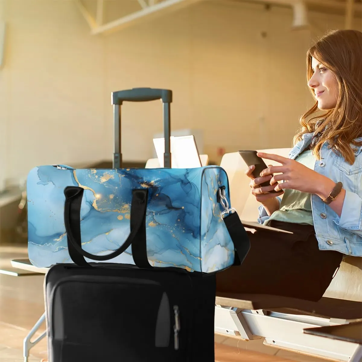 Travel Duffle Bag Blue Marble Themed Gym Bags for Men Women Travel Duffel Bags with Adjustable Shoulder Strap Carry On Weekender Bag