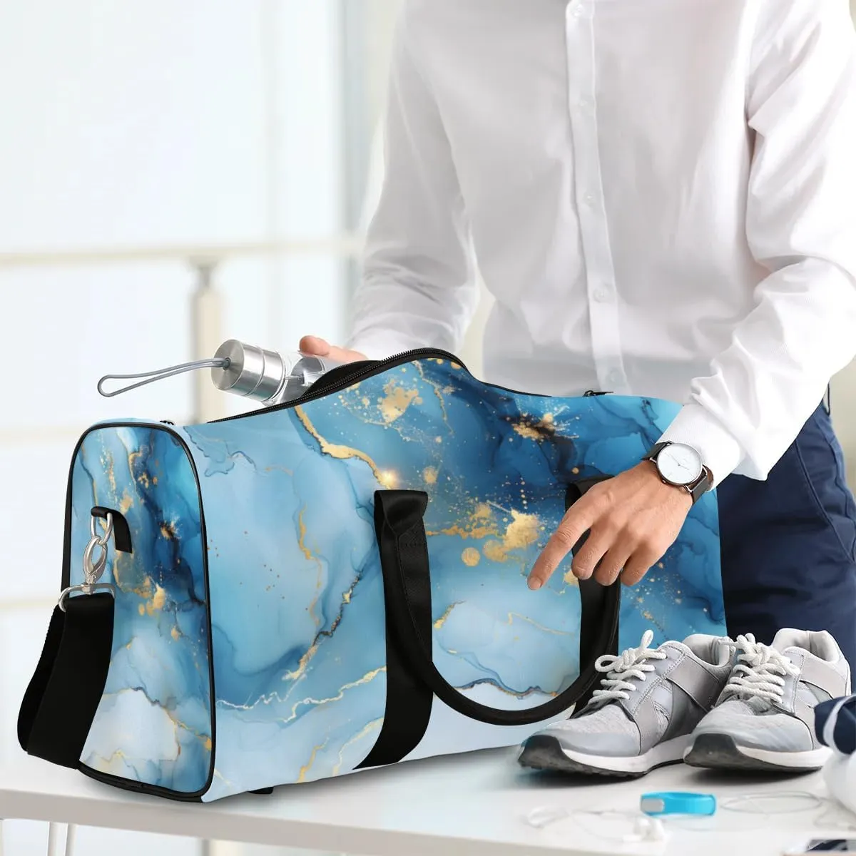 Travel Duffle Bag Blue Marble Themed Gym Bags for Men Women Travel Duffel Bags with Adjustable Shoulder Strap Carry On Weekender Bag
